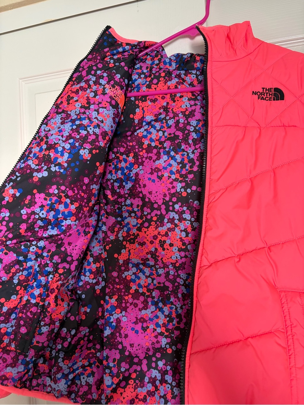 The North Face Girls' Hot Pink Quilted Puffer Jacket with Multicolor Lining